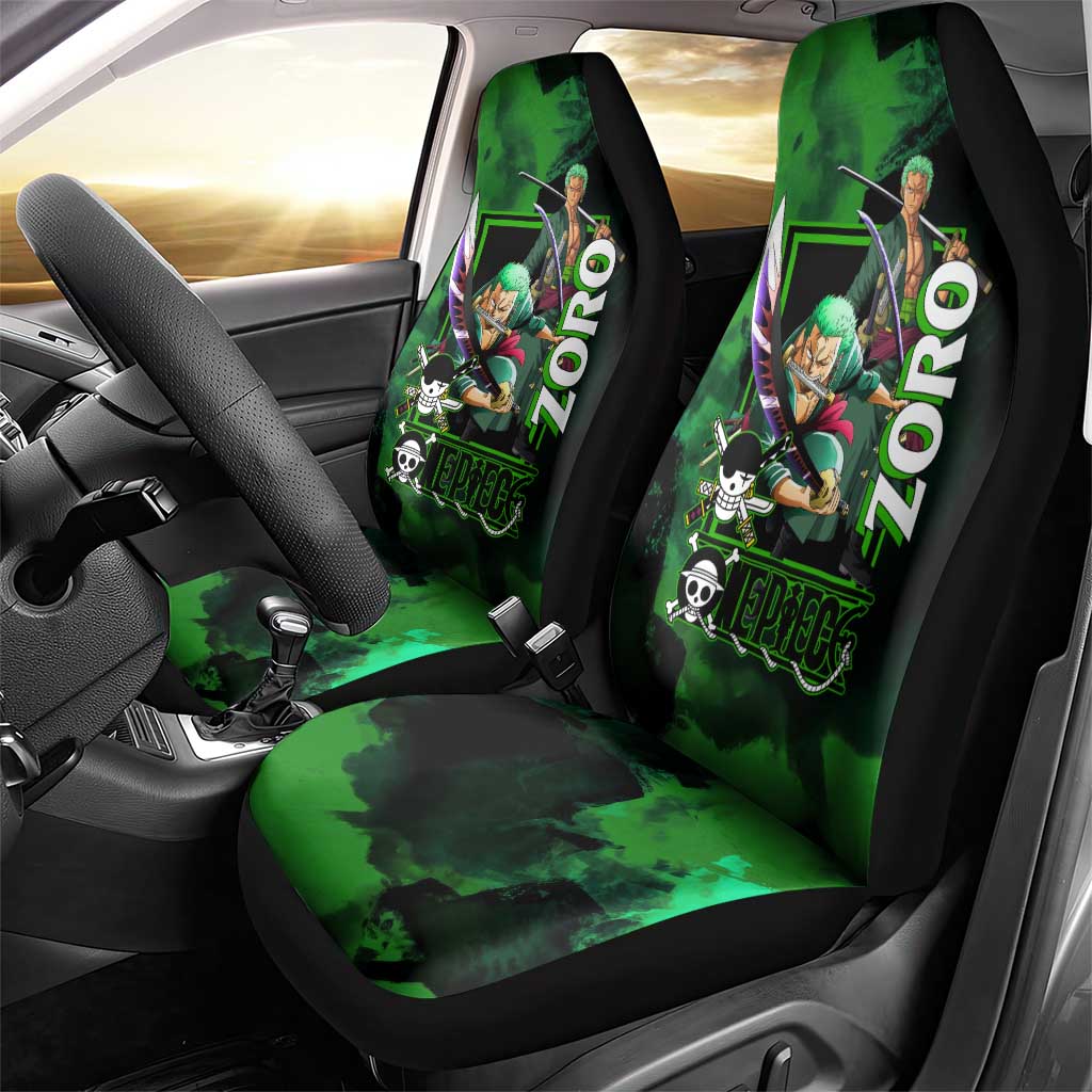 Zoro One Piece Green Theme Car Seat Cover with Swordsman Pose and Three Sword Style Design - The Mazicc