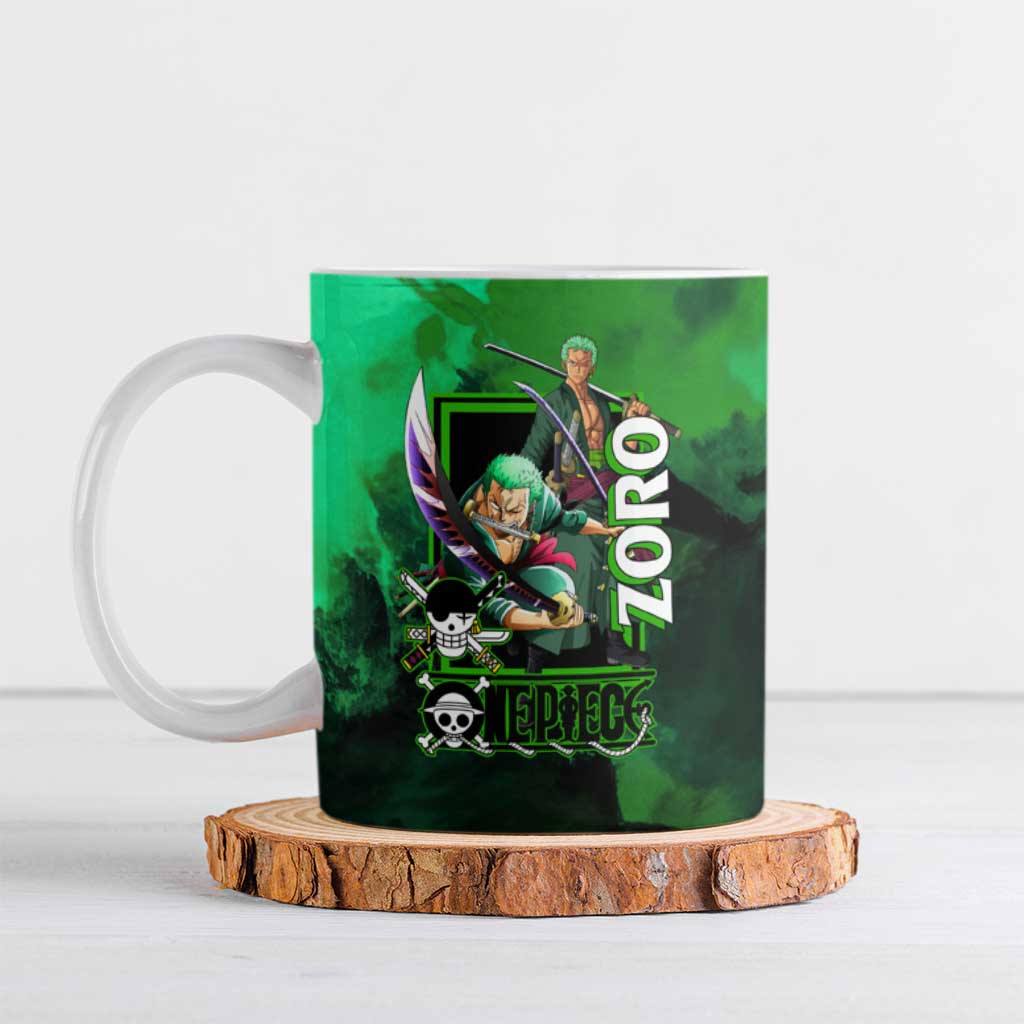 Zoro One Piece Green Theme Ceramic Mug with Swordsman Pose and Three Sword Style Design - The Mazicc