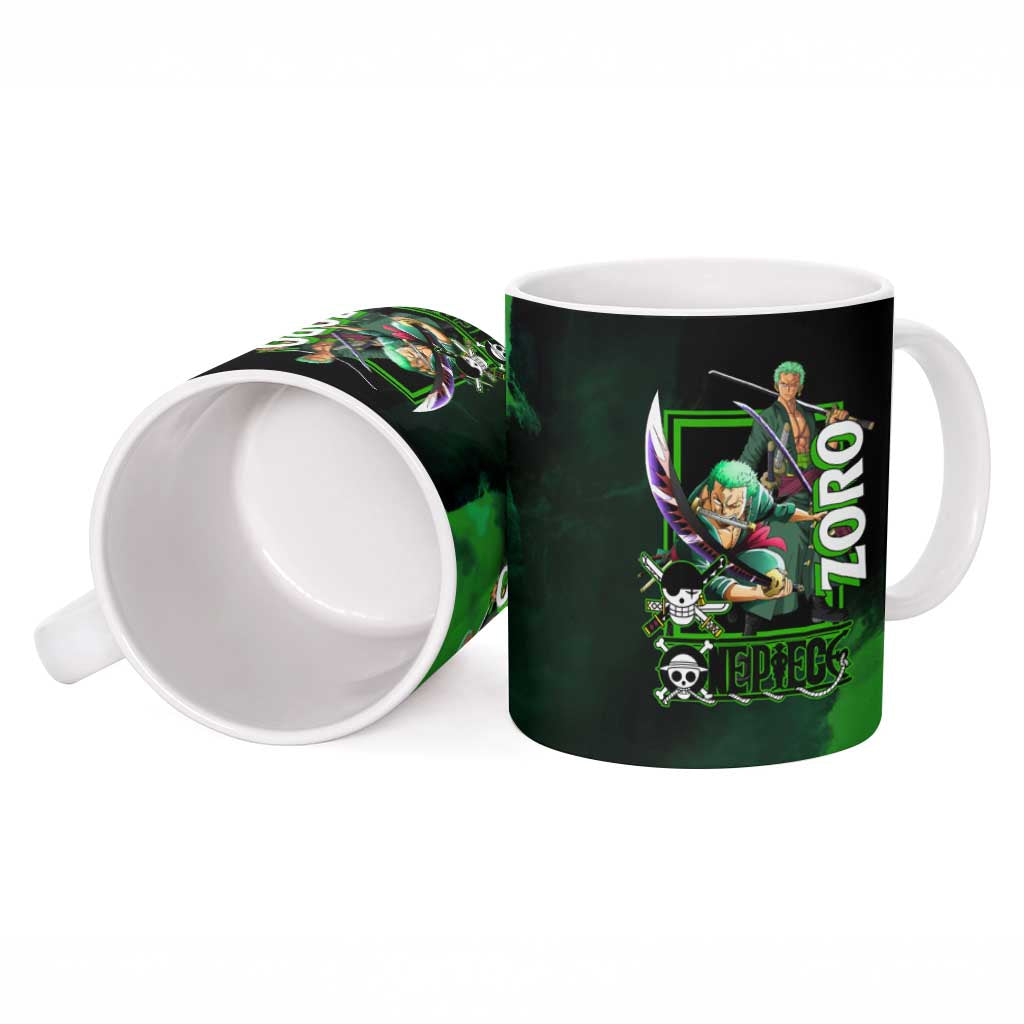 Zoro One Piece Green Theme Ceramic Mug with Swordsman Pose and Three Sword Style Design - The Mazicc