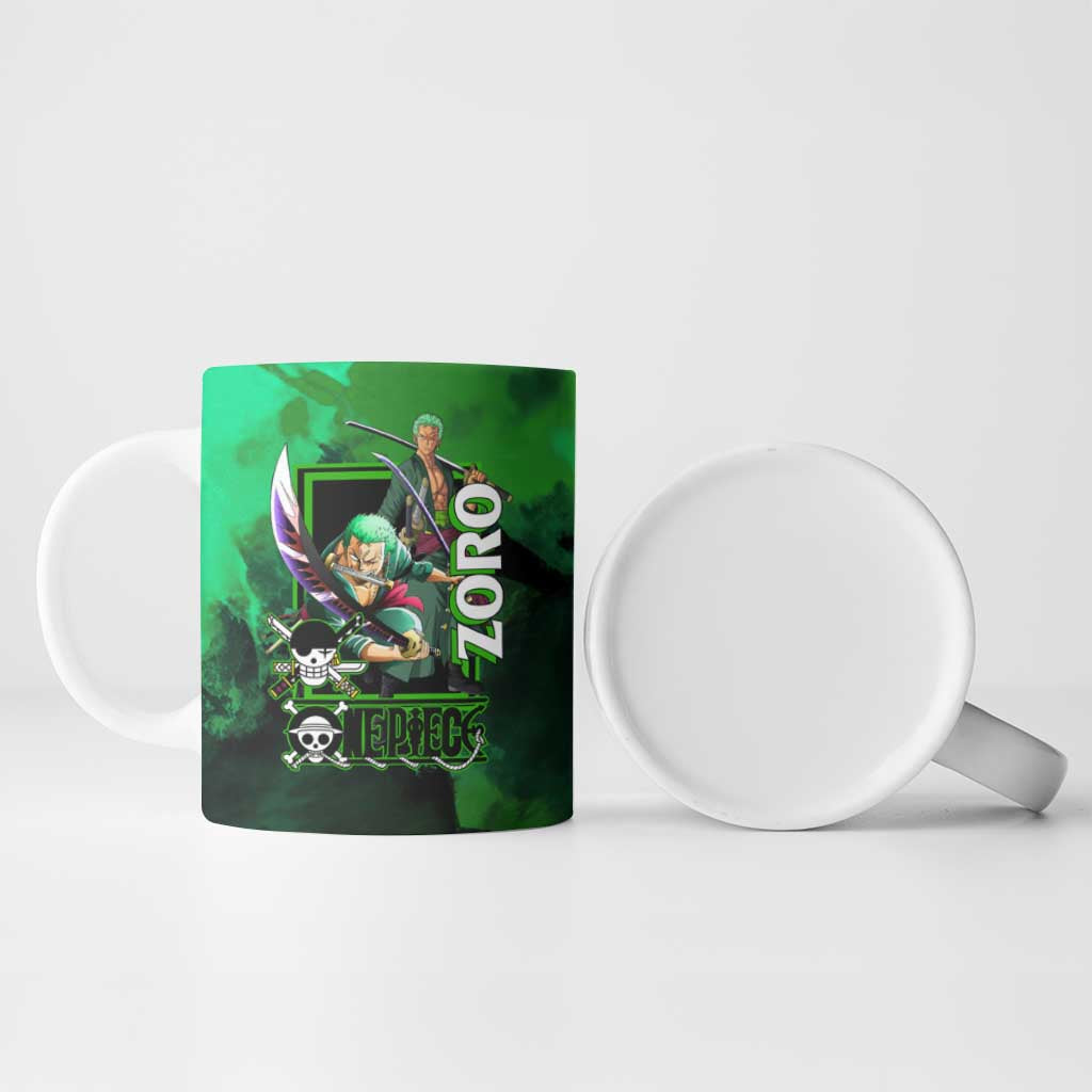 Zoro One Piece Green Theme Ceramic Mug with Swordsman Pose and Three Sword Style Design - The Mazicc