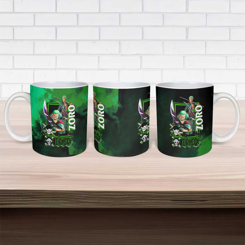 Zoro One Piece Green Theme Ceramic Mug with Swordsman Pose and Three Sword Style Design - The Mazicc