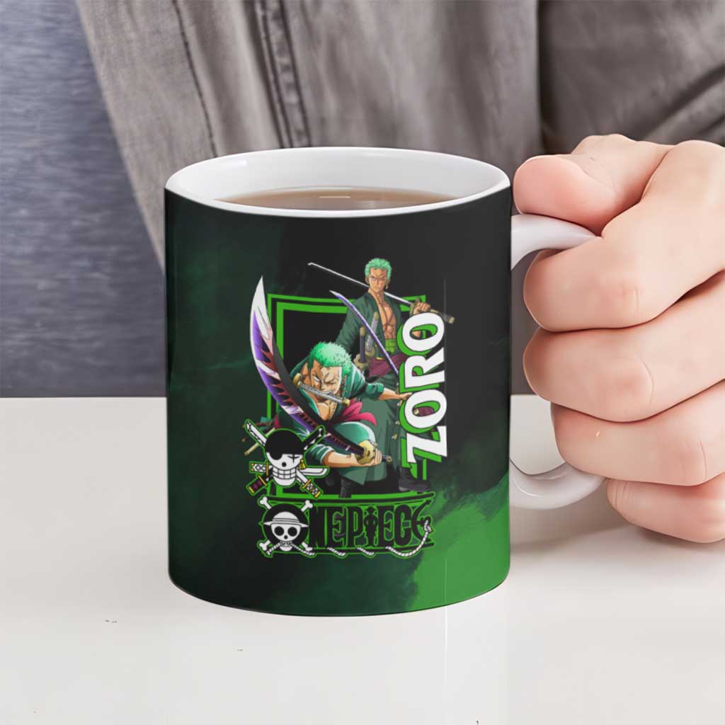 Zoro One Piece Green Theme Ceramic Mug with Swordsman Pose and Three Sword Style Design - The Mazicc