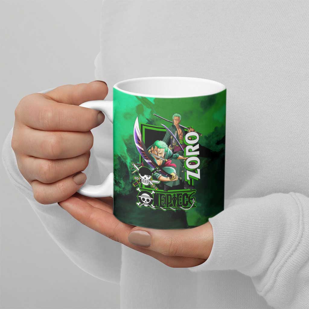 Zoro One Piece Green Theme Ceramic Mug with Swordsman Pose and Three Sword Style Design - The Mazicc