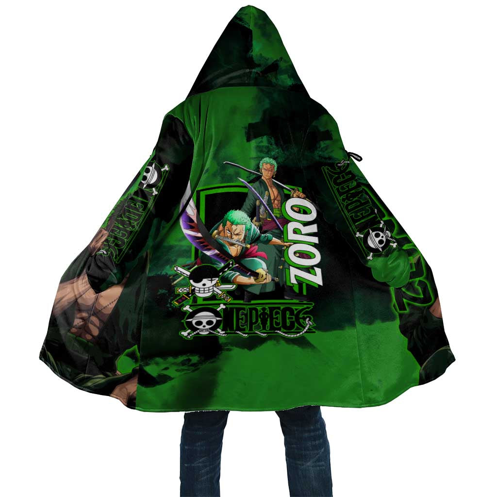 Zoro One Piece Green Theme Cloak with Swordsman Pose and Three Sword Style Design - The Mazicc