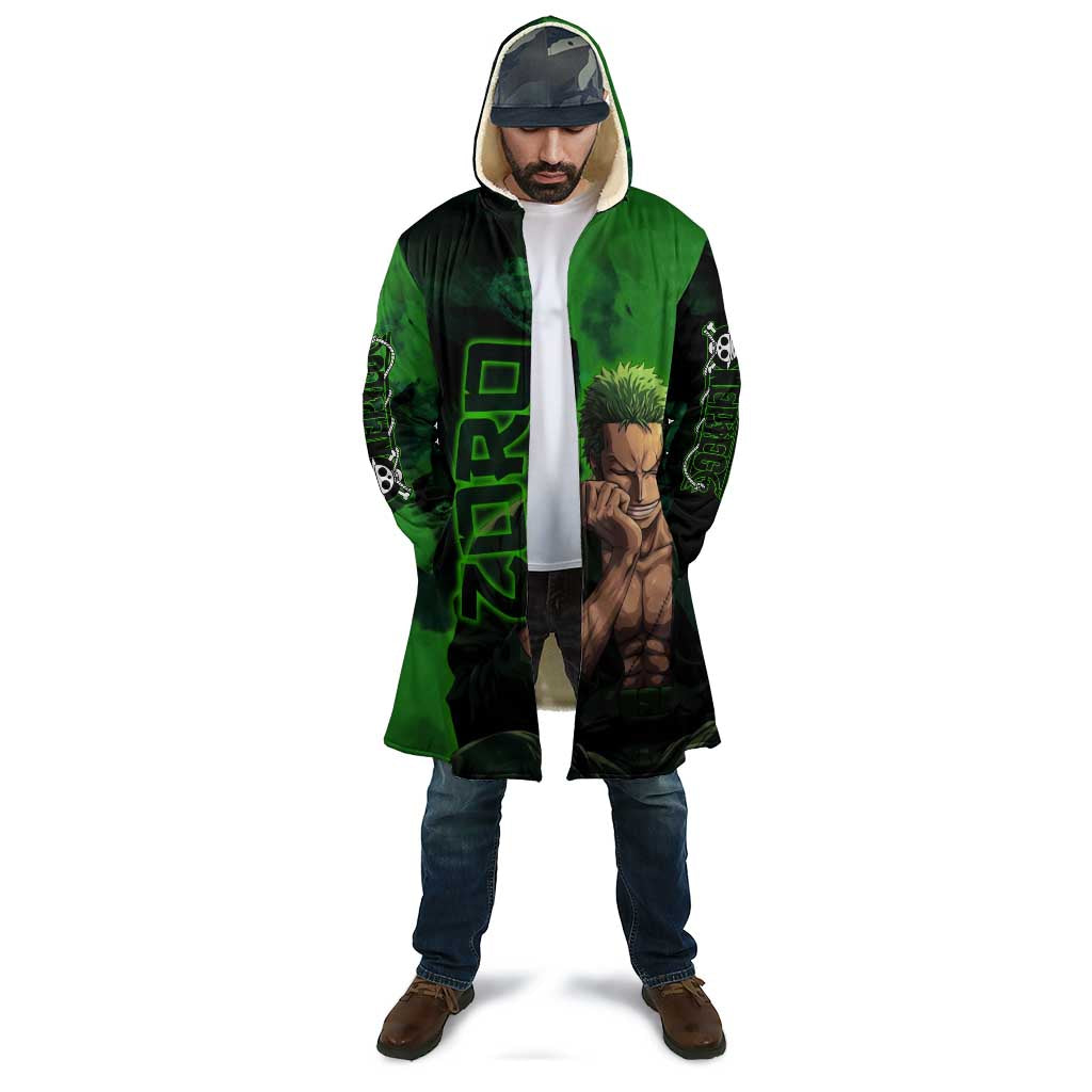 Zoro One Piece Green Theme Cloak with Swordsman Pose and Three Sword Style Design - The Mazicc