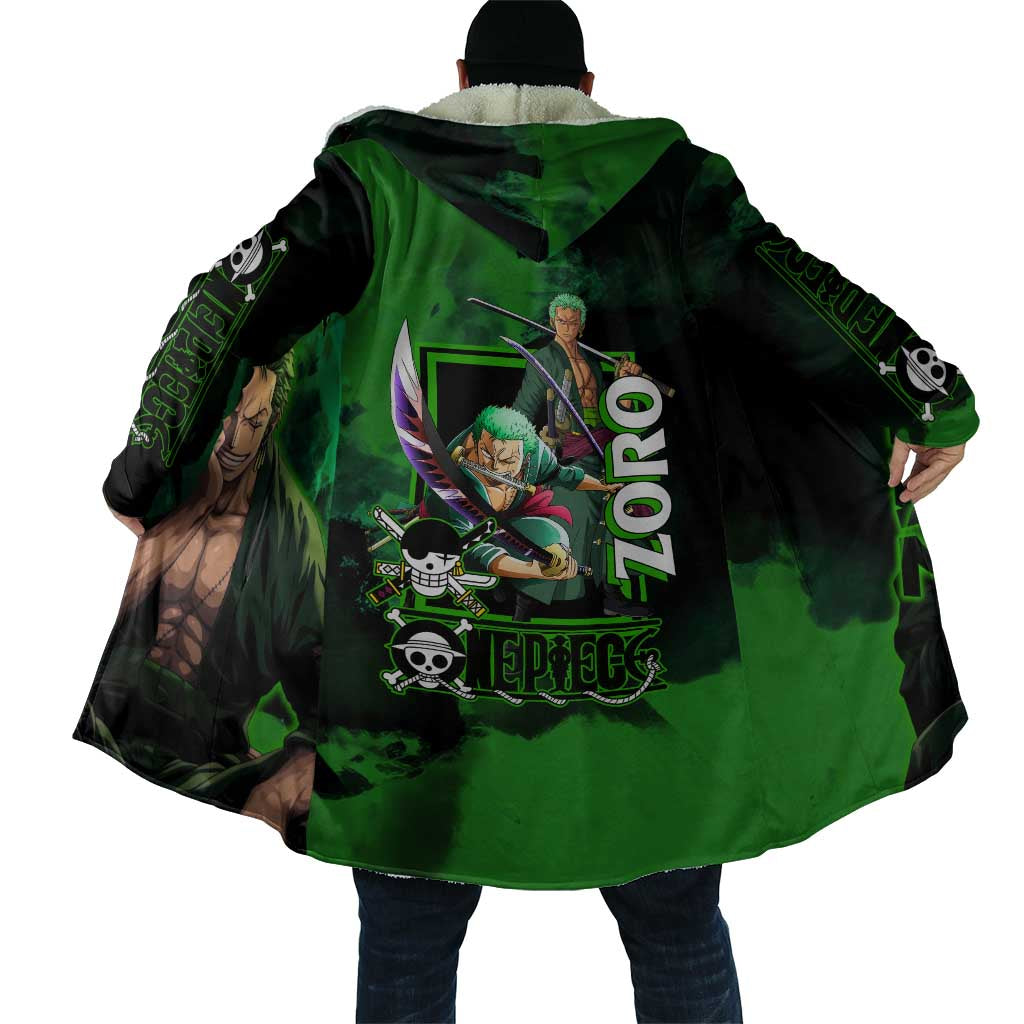 Zoro One Piece Green Theme Cloak with Swordsman Pose and Three Sword Style Design - The Mazicc