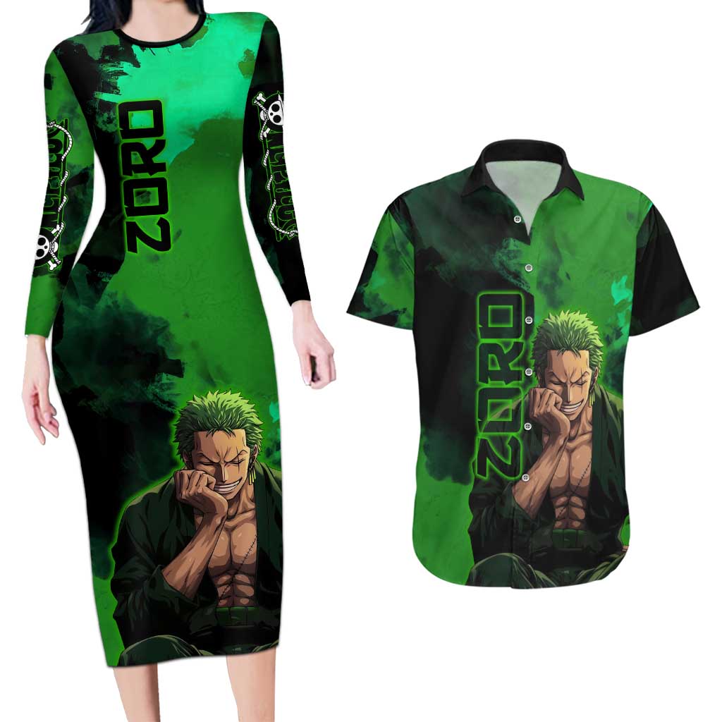 Zoro One Piece Green Theme Couples Matching Long Sleeve Bodycon Dress and Hawaiian Shirt with Swordsman Pose and Three Sword Style Design - The Mazicc