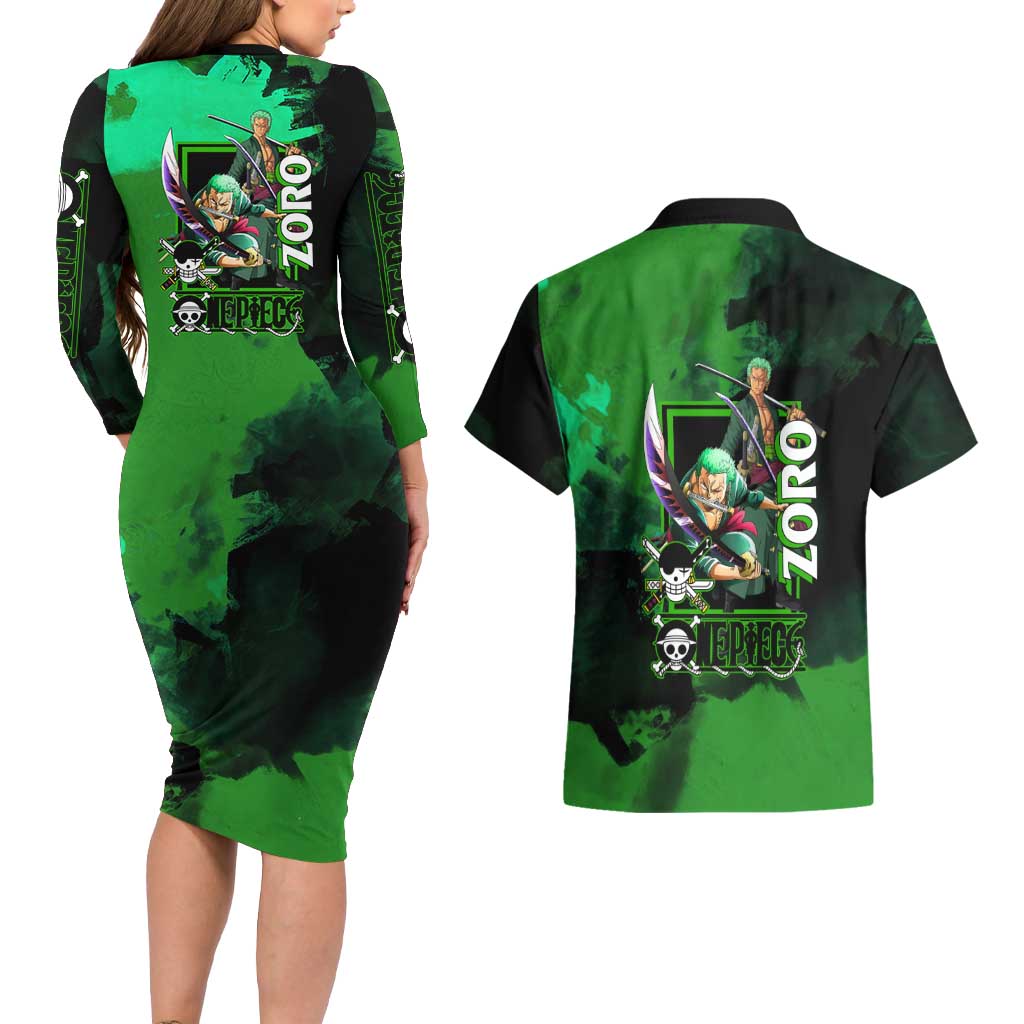 Zoro One Piece Green Theme Couples Matching Long Sleeve Bodycon Dress and Hawaiian Shirt with Swordsman Pose and Three Sword Style Design - The Mazicc