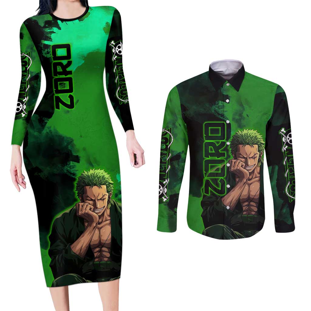 Zoro One Piece Green Theme Couples Matching Long Sleeve Bodycon Dress and Long Sleeve Button Shirt with Swordsman Pose and Three Sword Style Design - The Mazicc