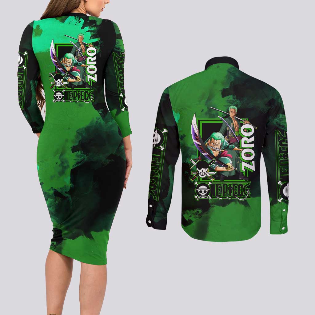 Zoro One Piece Green Theme Couples Matching Long Sleeve Bodycon Dress and Long Sleeve Button Shirt with Swordsman Pose and Three Sword Style Design - The Mazicc