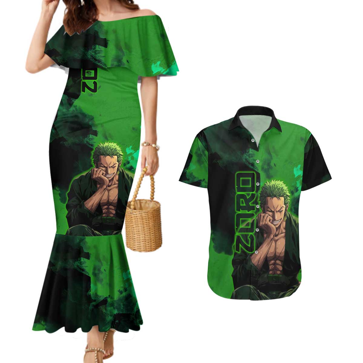 Zoro One Piece Green Theme Couples Matching Mermaid Dress and Hawaiian Shirt with Swordsman Pose and Three Sword Style Design - The Mazicc