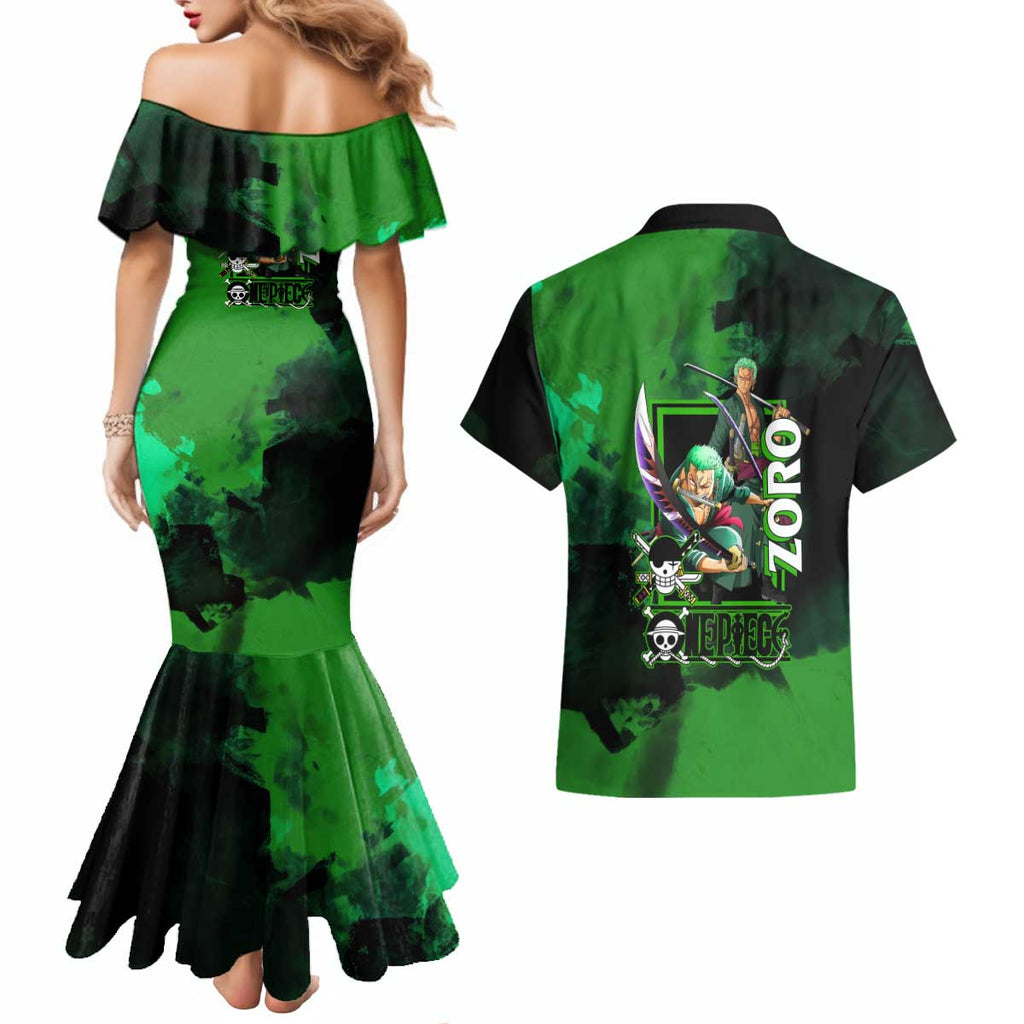 Zoro One Piece Green Theme Couples Matching Mermaid Dress and Hawaiian Shirt with Swordsman Pose and Three Sword Style Design - The Mazicc
