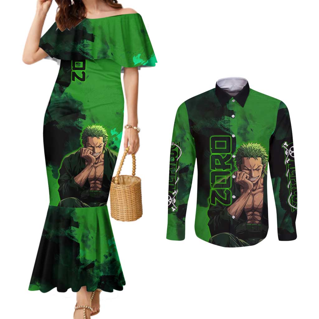 Zoro One Piece Green Theme Couples Matching Mermaid Dress and Long Sleeve Button Shirt with Swordsman Pose and Three Sword Style Design - The Mazicc