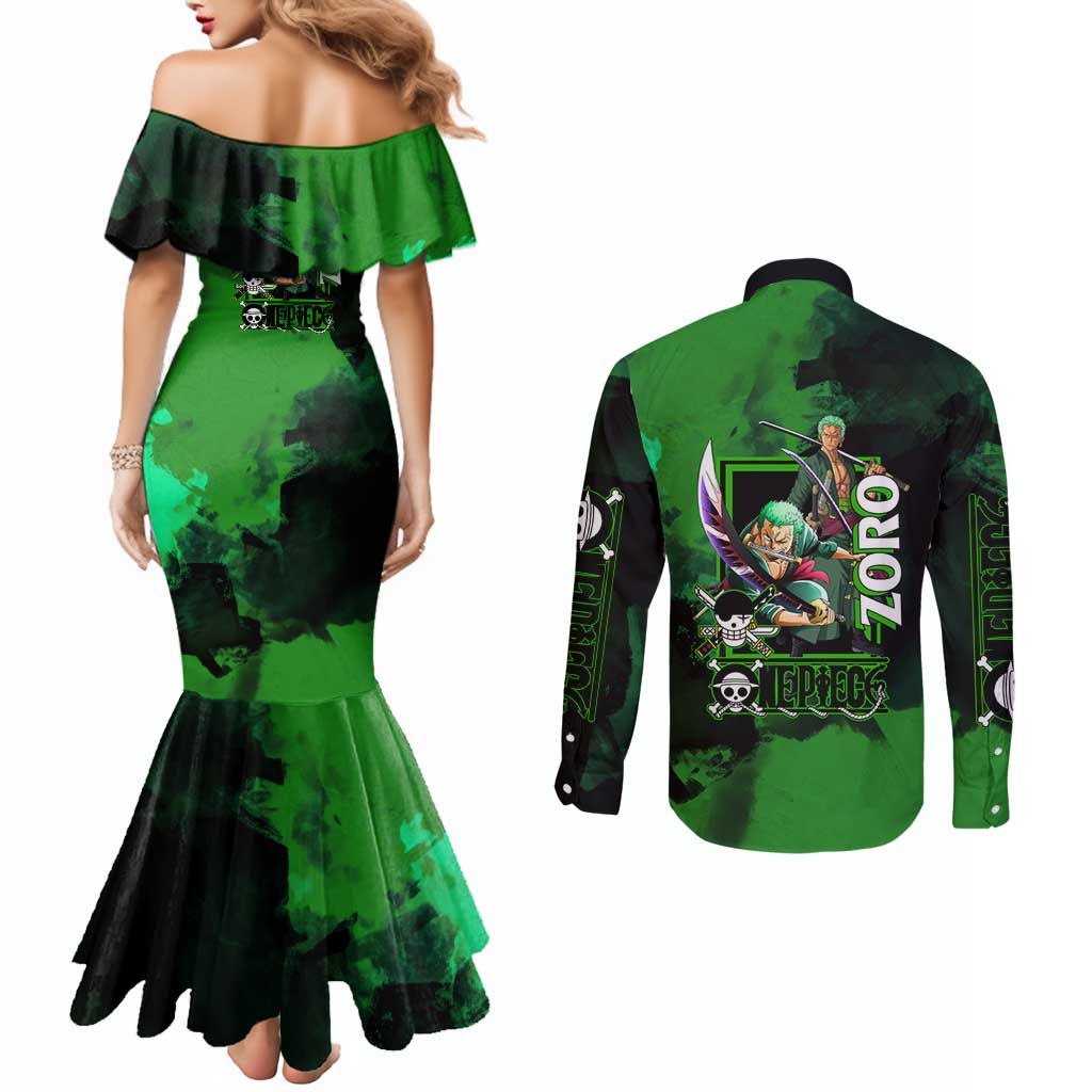 Zoro One Piece Green Theme Couples Matching Mermaid Dress and Long Sleeve Button Shirt with Swordsman Pose and Three Sword Style Design - The Mazicc