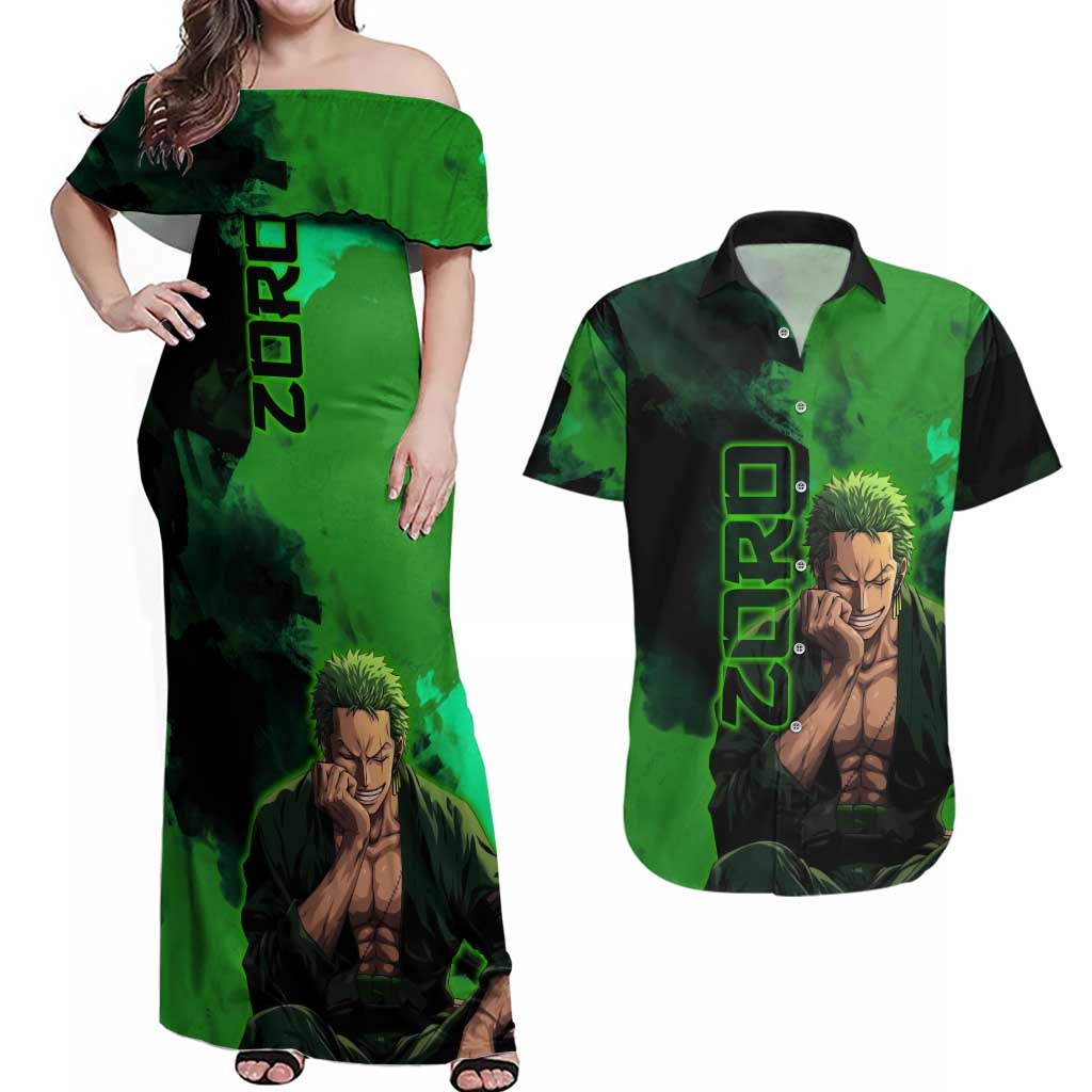 Zoro One Piece Green Theme Couples Matching Off Shoulder Maxi Dress and Hawaiian Shirt with Swordsman Pose and Three Sword Style Design - The Mazicc