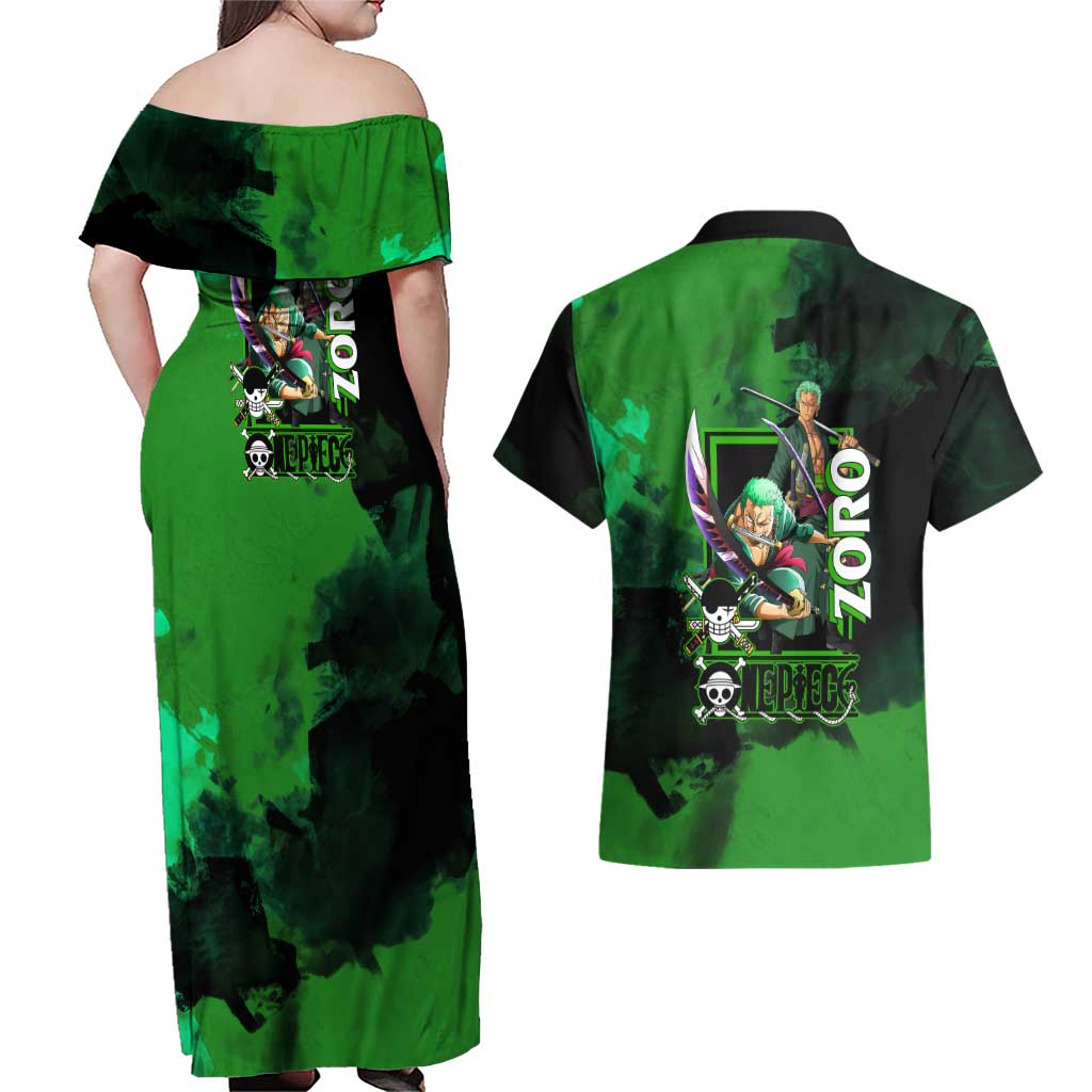 Zoro One Piece Green Theme Couples Matching Off Shoulder Maxi Dress and Hawaiian Shirt with Swordsman Pose and Three Sword Style Design - The Mazicc