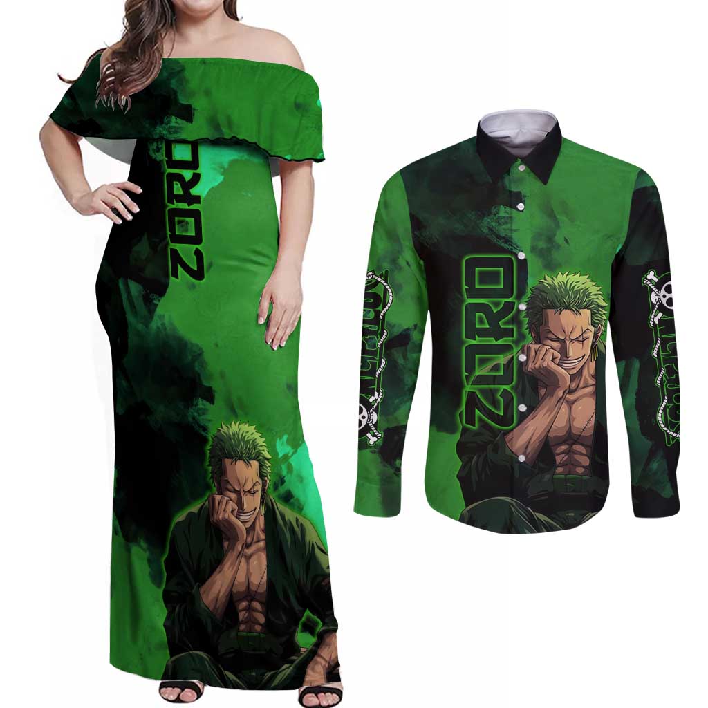 Zoro One Piece Green Theme Couples Matching Off Shoulder Maxi Dress and Long Sleeve Button Shirt with Swordsman Pose and Three Sword Style Design - The Mazicc