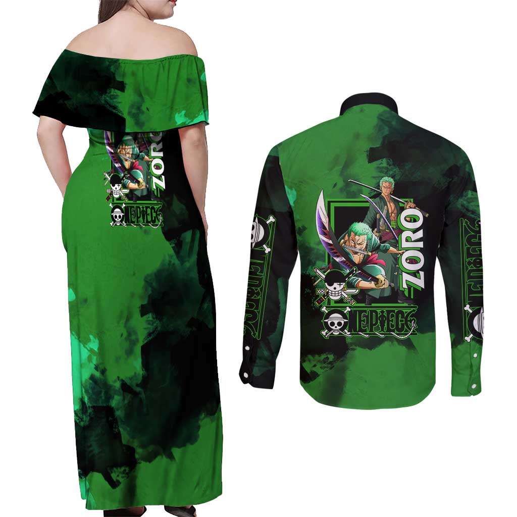 Zoro One Piece Green Theme Couples Matching Off Shoulder Maxi Dress and Long Sleeve Button Shirt with Swordsman Pose and Three Sword Style Design - The Mazicc