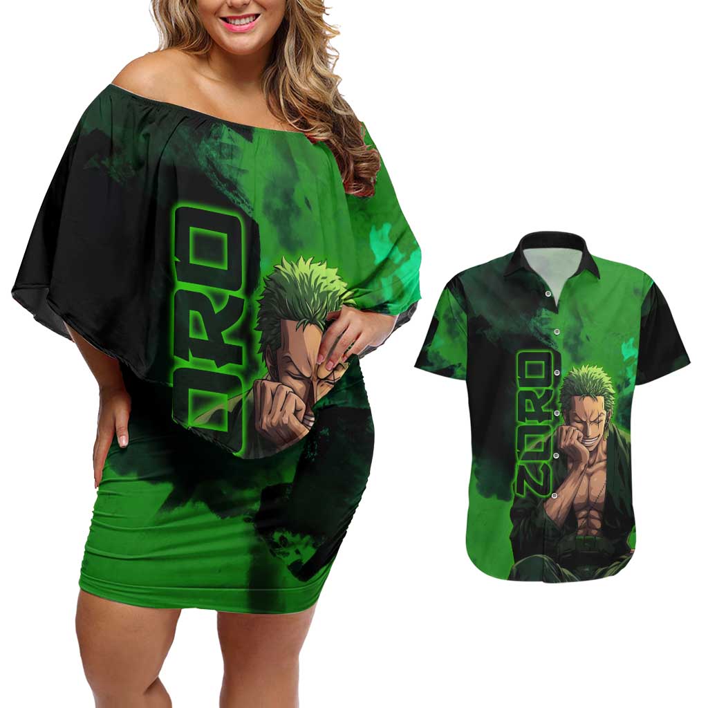 Zoro One Piece Green Theme Couples Matching Off Shoulder Short Dress and Hawaiian Shirt with Swordsman Pose and Three Sword Style Design - The Mazicc