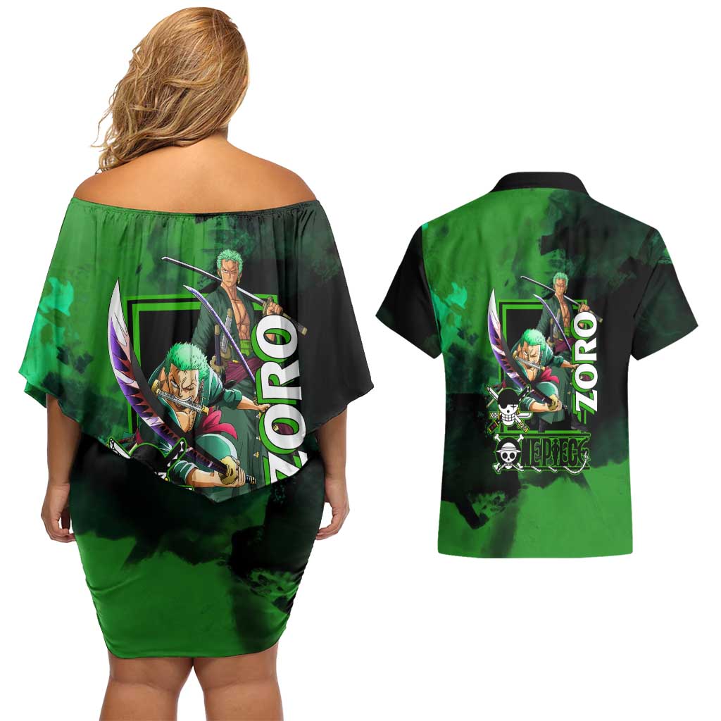 Zoro One Piece Green Theme Couples Matching Off Shoulder Short Dress and Hawaiian Shirt with Swordsman Pose and Three Sword Style Design - The Mazicc