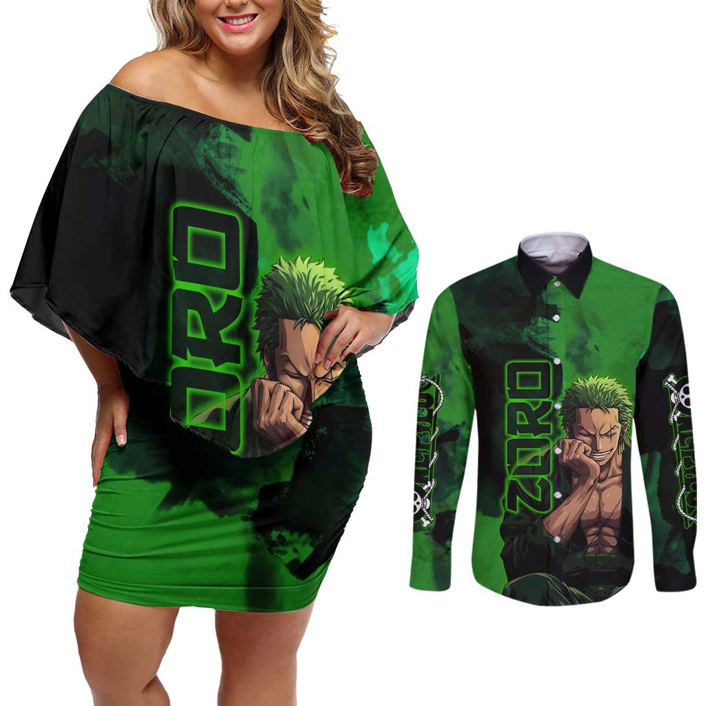 Zoro One Piece Green Theme Couples Matching Off Shoulder Short Dress and Long Sleeve Button Shirt with Swordsman Pose and Three Sword Style Design - The Mazicc