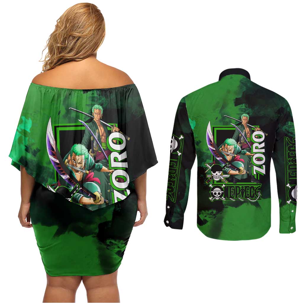 Zoro One Piece Green Theme Couples Matching Off Shoulder Short Dress and Long Sleeve Button Shirt with Swordsman Pose and Three Sword Style Design - The Mazicc