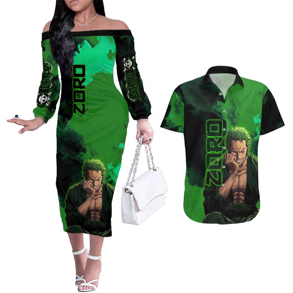 Zoro One Piece Green Theme Couples Matching Off The Shoulder Long Sleeve Dress and Hawaiian Shirt with Swordsman Pose and Three Sword Style Design - The Mazicc