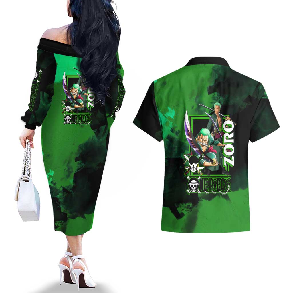 Zoro One Piece Green Theme Couples Matching Off The Shoulder Long Sleeve Dress and Hawaiian Shirt with Swordsman Pose and Three Sword Style Design - The Mazicc