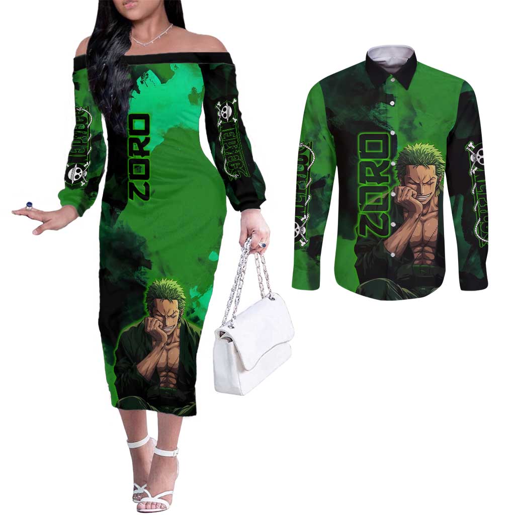 Zoro One Piece Green Theme Couples Matching Off The Shoulder Long Sleeve Dress and Long Sleeve Button Shirt with Swordsman Pose and Three Sword Style Design - The Mazicc