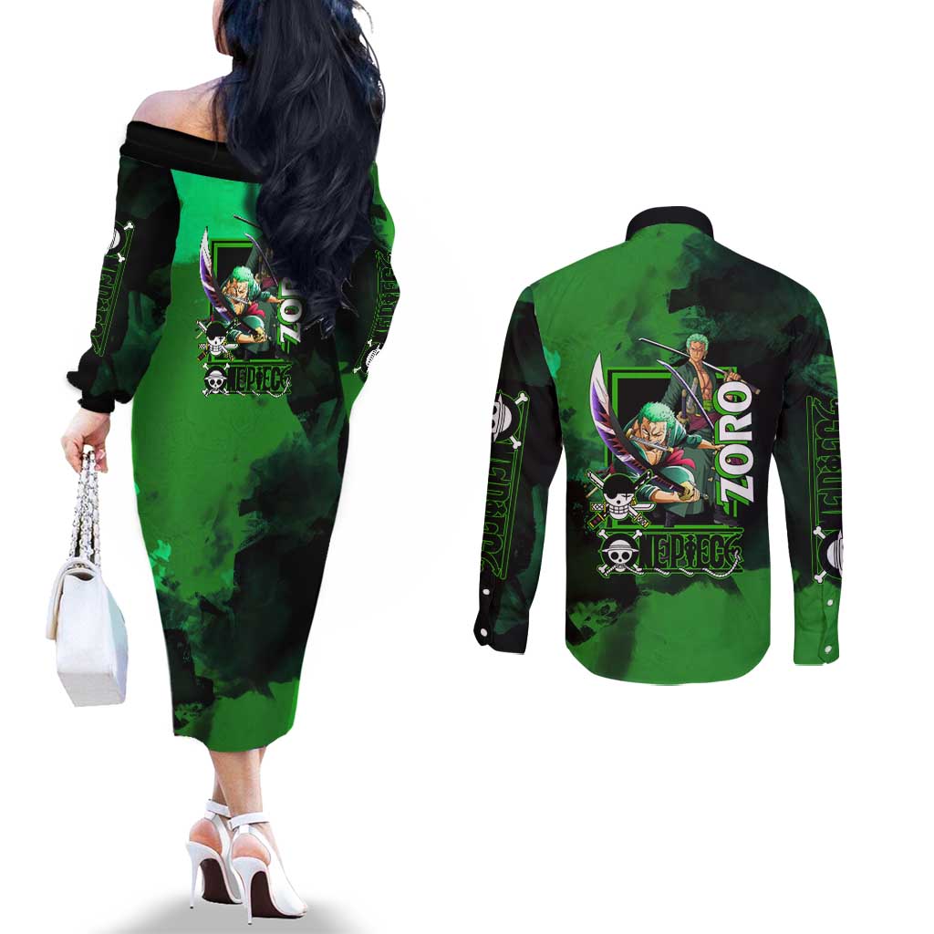Zoro One Piece Green Theme Couples Matching Off The Shoulder Long Sleeve Dress and Long Sleeve Button Shirt with Swordsman Pose and Three Sword Style Design - The Mazicc