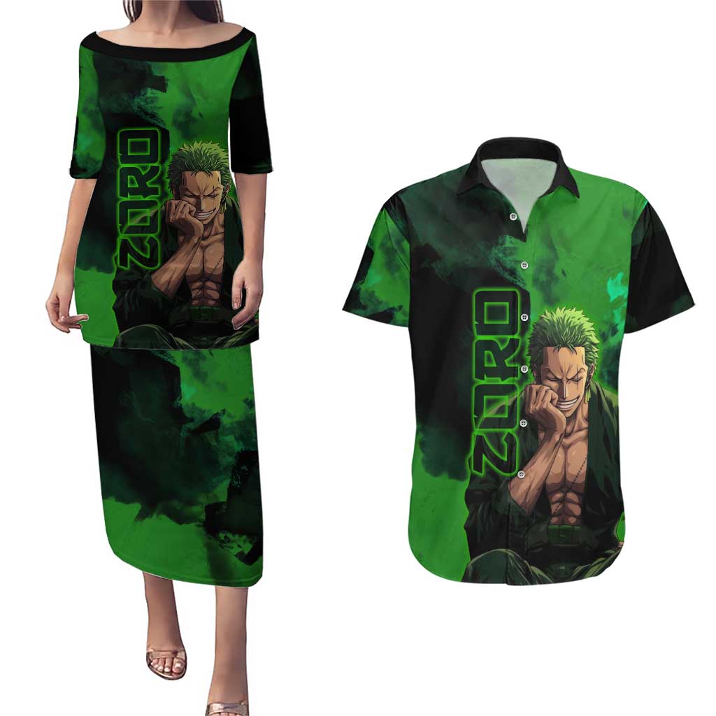 Zoro One Piece Green Theme Couples Matching Puletasi and Hawaiian Shirt with Swordsman Pose and Three Sword Style Design - The Mazicc