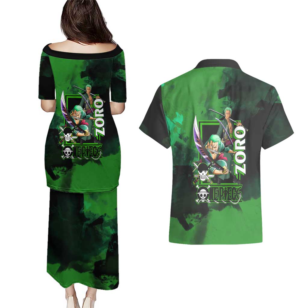 Zoro One Piece Green Theme Couples Matching Puletasi and Hawaiian Shirt with Swordsman Pose and Three Sword Style Design - The Mazicc