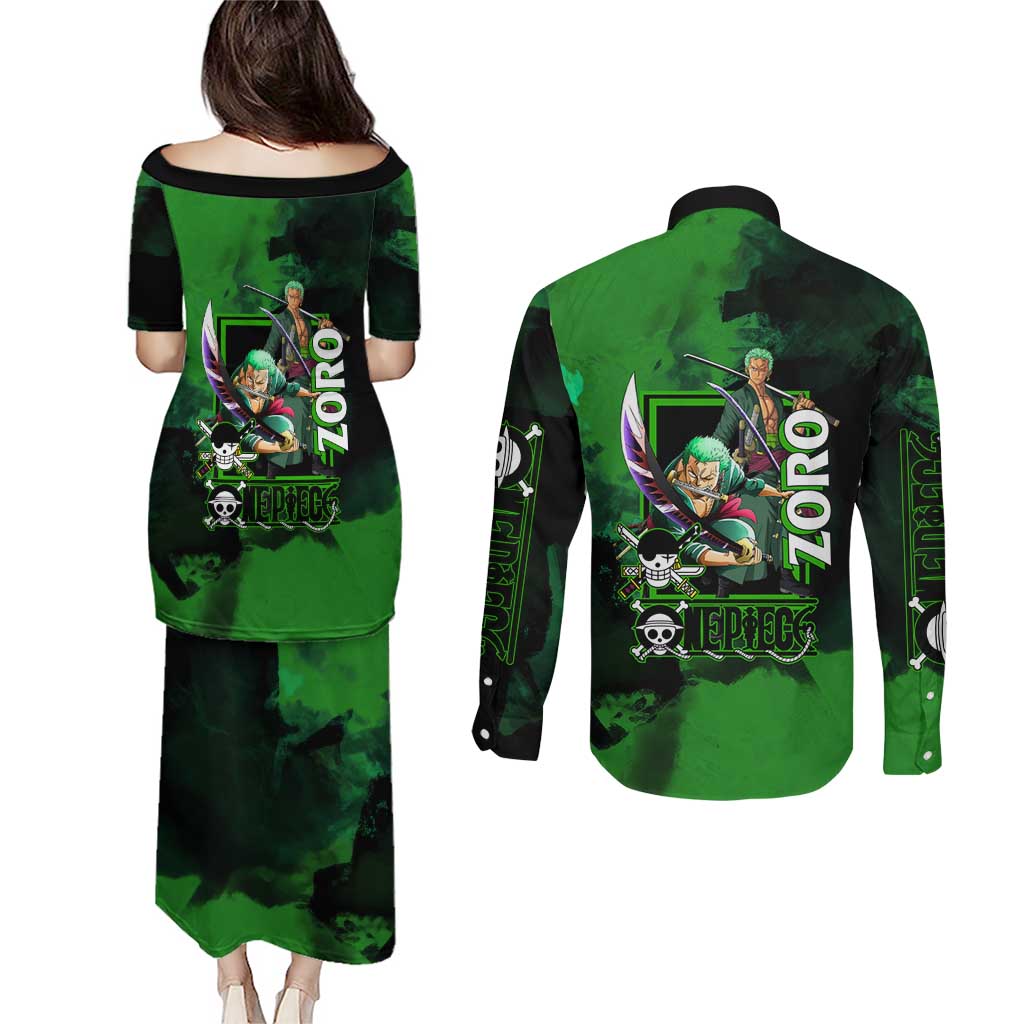Zoro One Piece Green Theme Couples Matching Puletasi and Long Sleeve Button Shirt with Swordsman Pose and Three Sword Style Design - The Mazicc