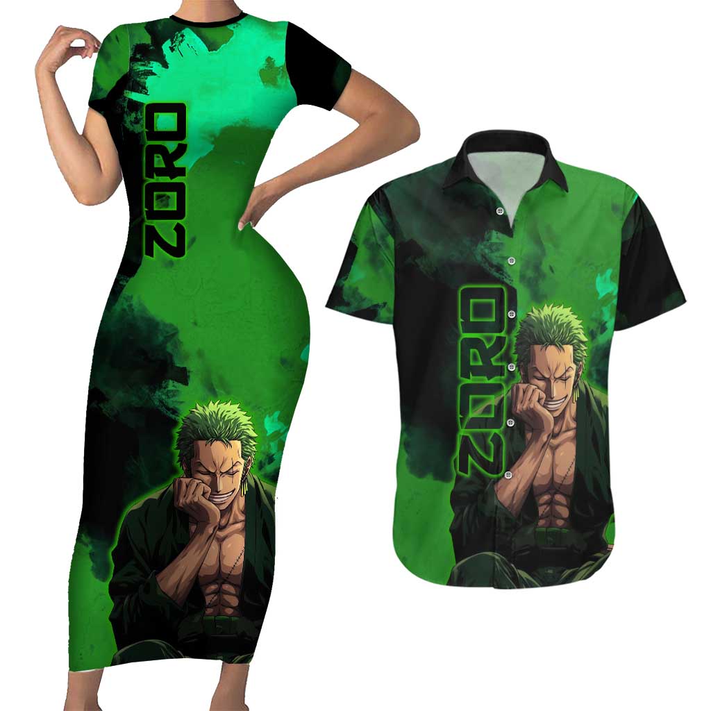 Zoro One Piece Green Theme Couples Matching Short Sleeve Bodycon Dress and Hawaiian Shirt with Swordsman Pose and Three Sword Style Design - The Mazicc