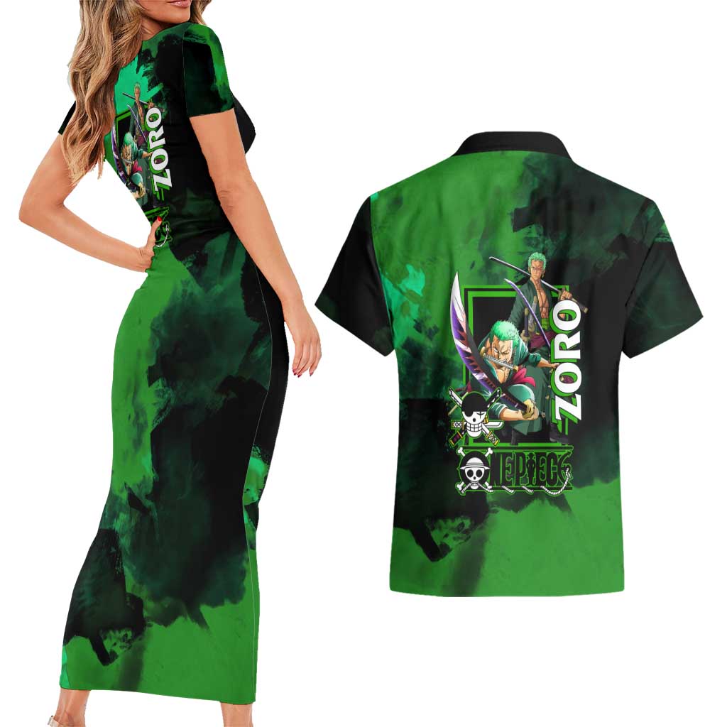 Zoro One Piece Green Theme Couples Matching Short Sleeve Bodycon Dress and Hawaiian Shirt with Swordsman Pose and Three Sword Style Design - The Mazicc
