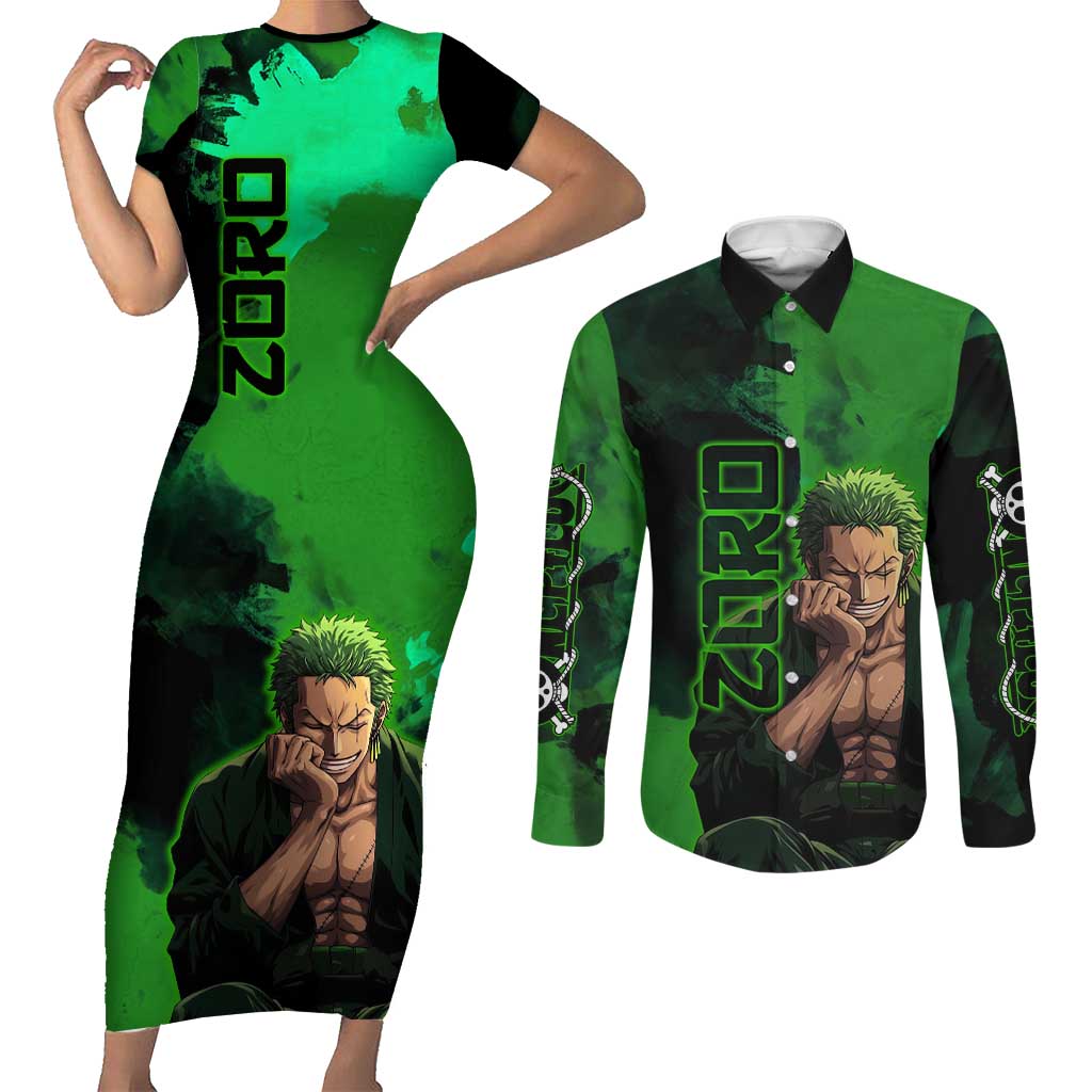 Zoro One Piece Green Theme Couples Matching Short Sleeve Bodycon Dress and Long Sleeve Button Shirt with Swordsman Pose and Three Sword Style Design - The Mazicc