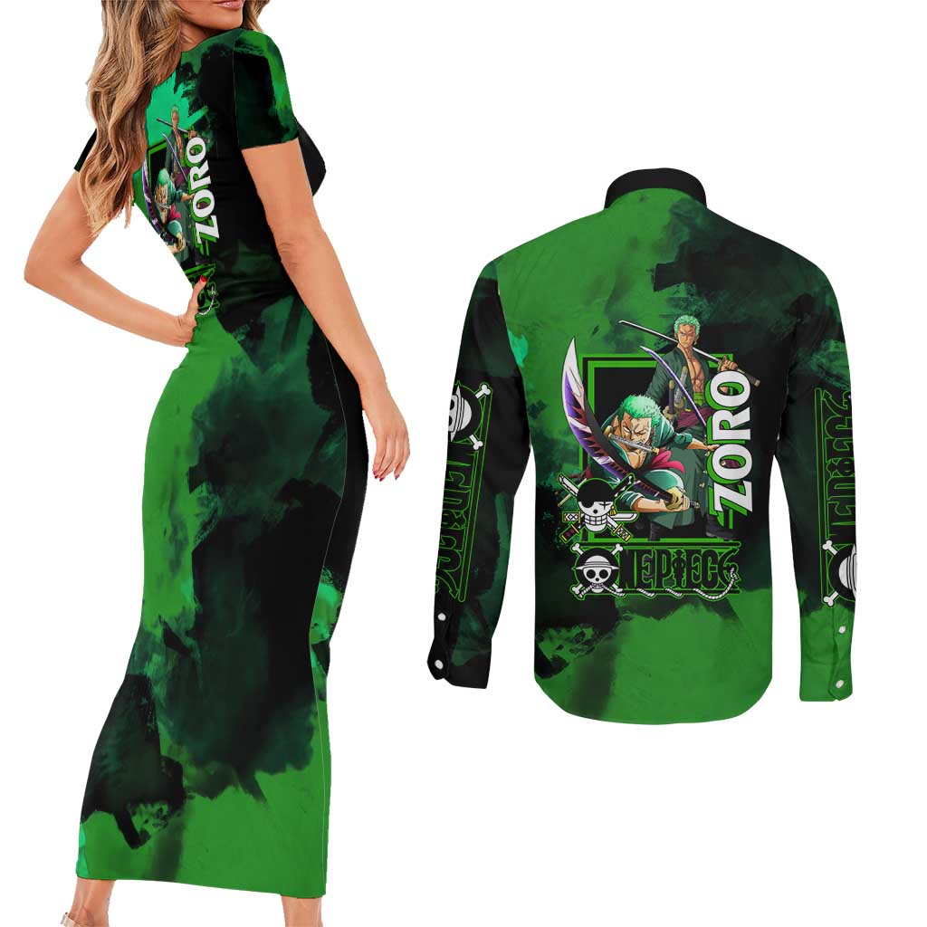 Zoro One Piece Green Theme Couples Matching Short Sleeve Bodycon Dress and Long Sleeve Button Shirt with Swordsman Pose and Three Sword Style Design - The Mazicc