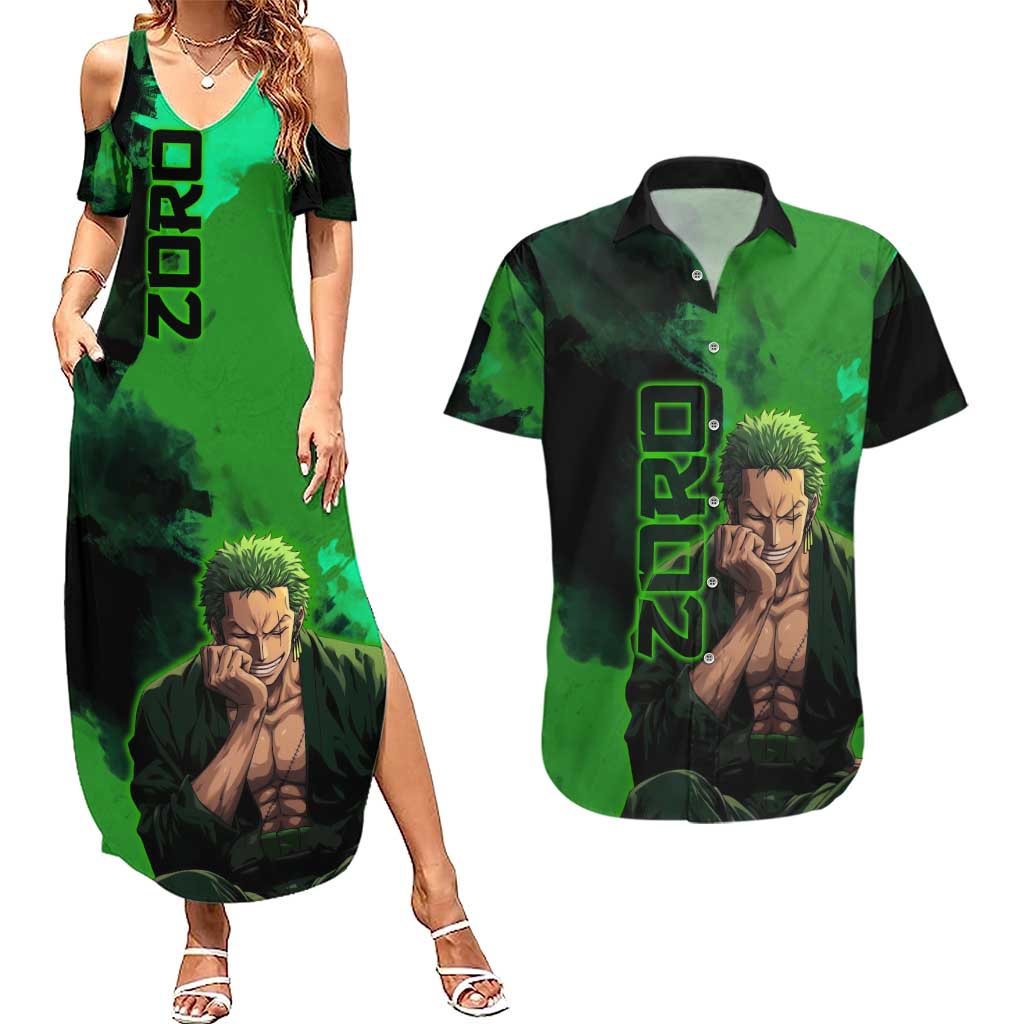 Zoro One Piece Green Theme Couples Matching Summer Maxi Dress and Hawaiian Shirt with Swordsman Pose and Three Sword Style Design - The Mazicc