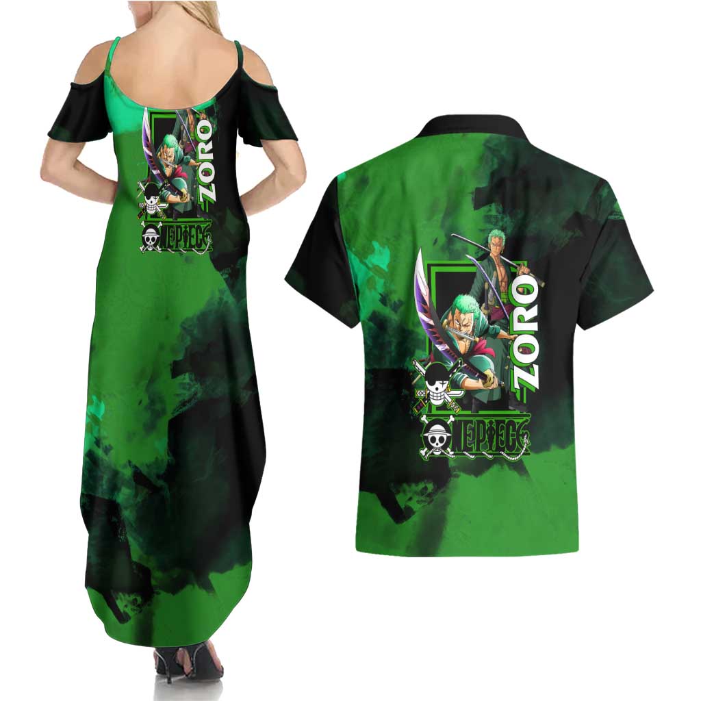 Zoro One Piece Green Theme Couples Matching Summer Maxi Dress and Hawaiian Shirt with Swordsman Pose and Three Sword Style Design - The Mazicc