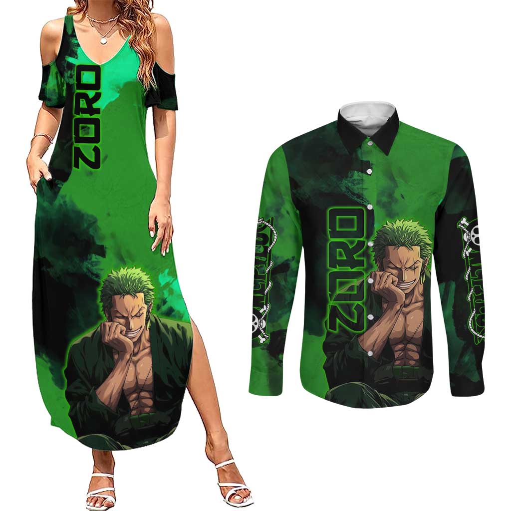 Zoro One Piece Green Theme Couples Matching Summer Maxi Dress and Long Sleeve Button Shirt with Swordsman Pose and Three Sword Style Design - The Mazicc