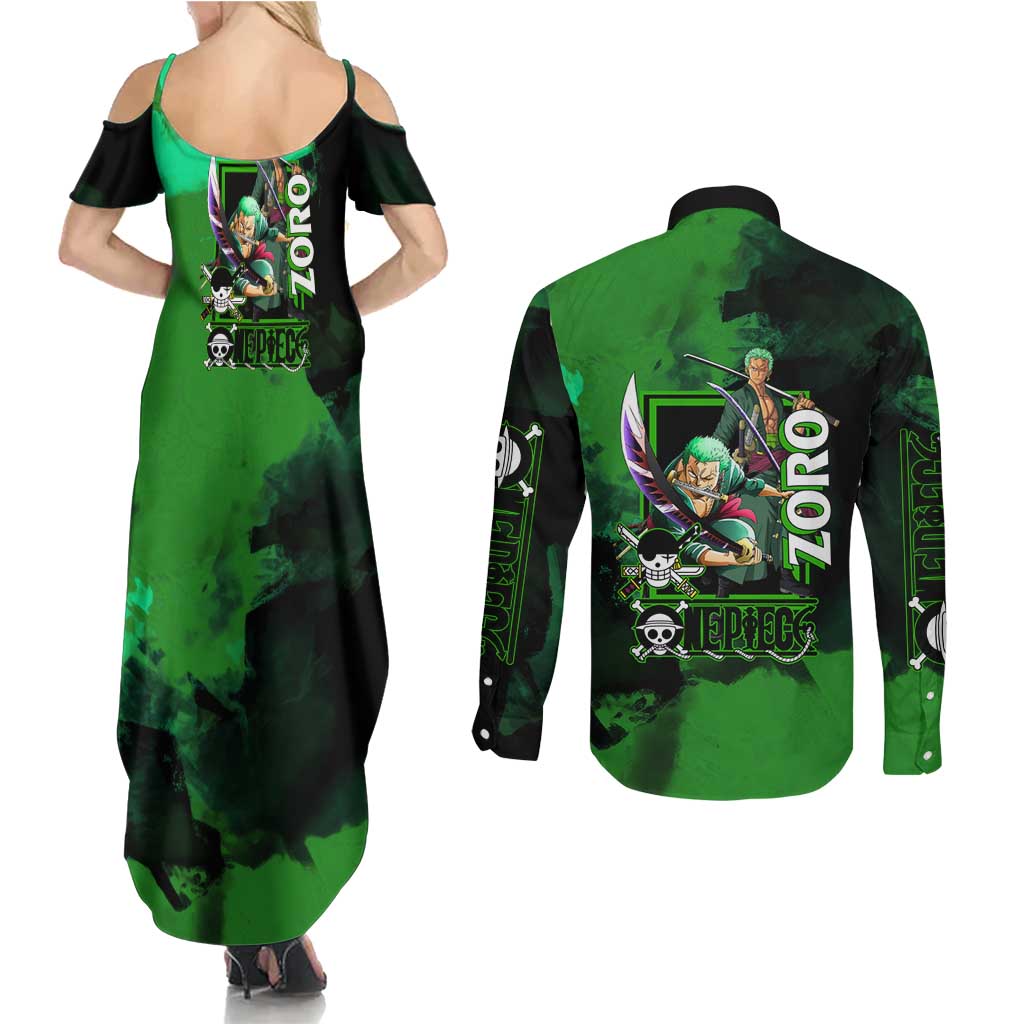 Zoro One Piece Green Theme Couples Matching Summer Maxi Dress and Long Sleeve Button Shirt with Swordsman Pose and Three Sword Style Design - The Mazicc