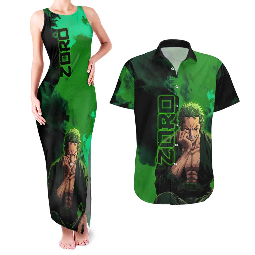Zoro One Piece Green Theme Couples Matching Tank Maxi Dress and Hawaiian Shirt with Swordsman Pose and Three Sword Style Design - The Mazicc