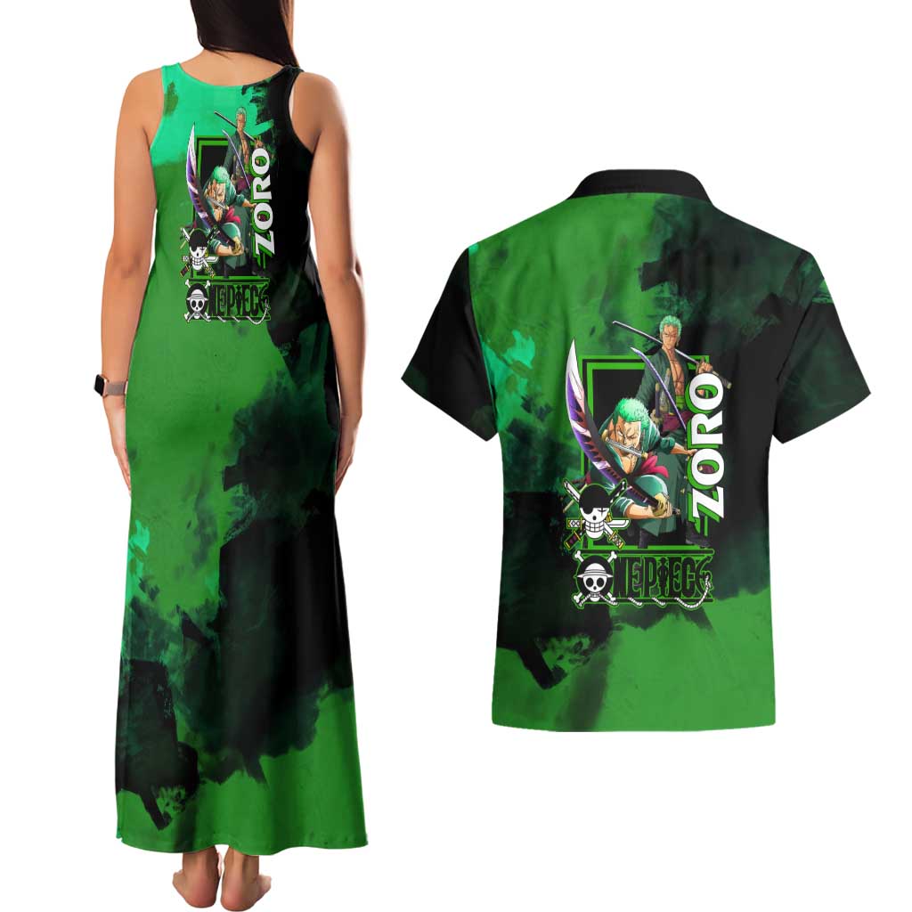 Zoro One Piece Green Theme Couples Matching Tank Maxi Dress and Hawaiian Shirt with Swordsman Pose and Three Sword Style Design - The Mazicc