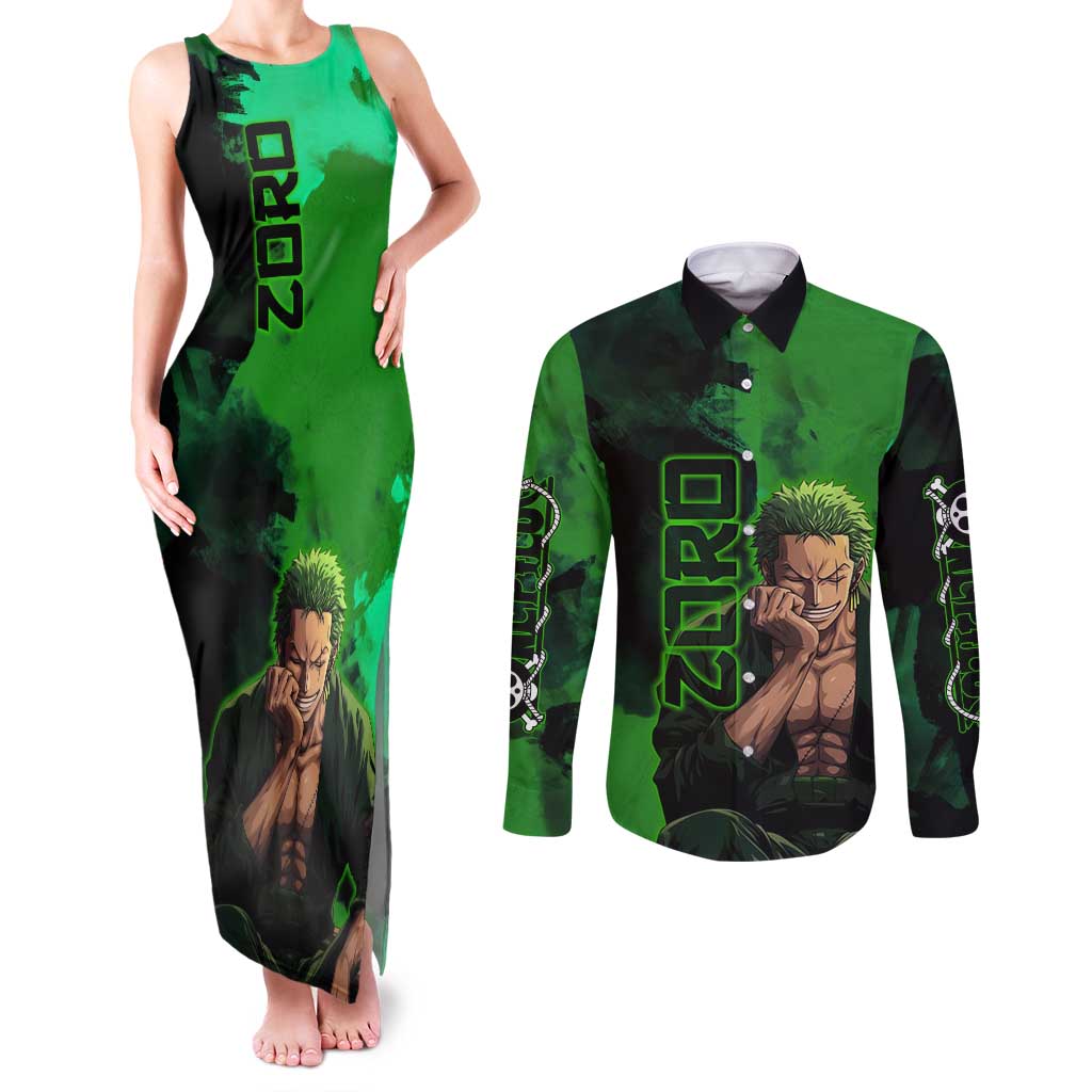 Zoro One Piece Green Theme Couples Matching Tank Maxi Dress and Long Sleeve Button Shirt with Swordsman Pose and Three Sword Style Design - The Mazicc