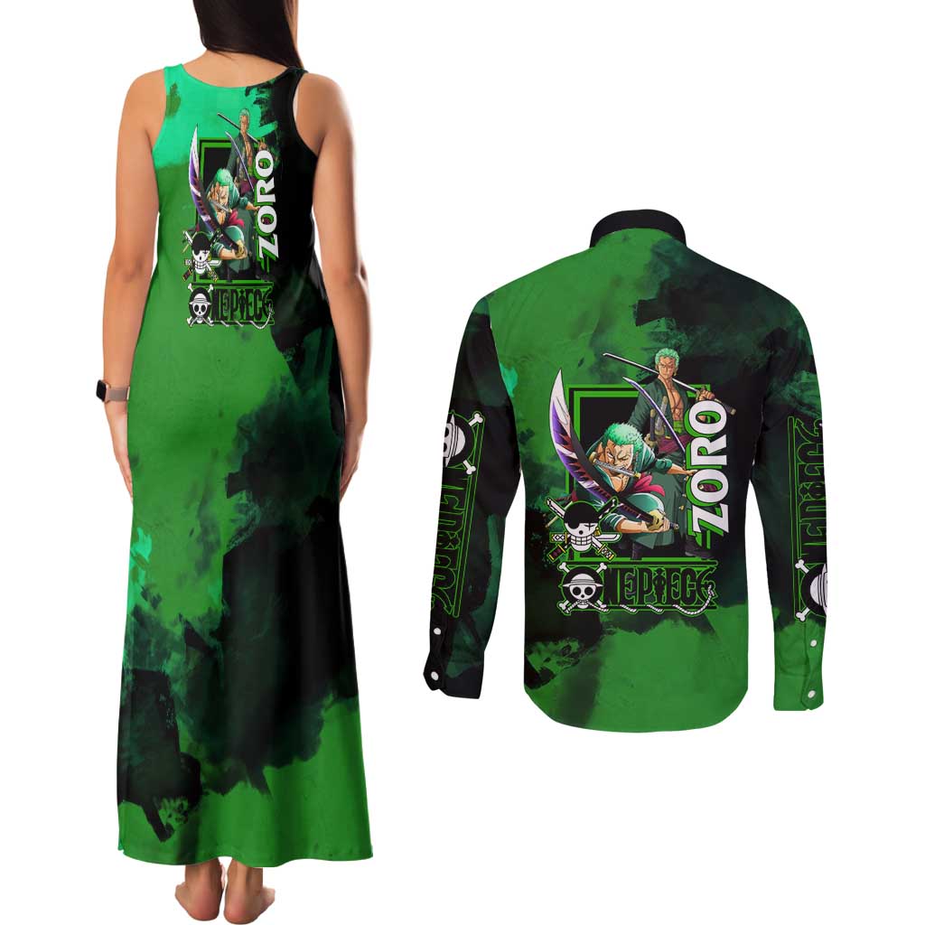 Zoro One Piece Green Theme Couples Matching Tank Maxi Dress and Long Sleeve Button Shirt with Swordsman Pose and Three Sword Style Design - The Mazicc