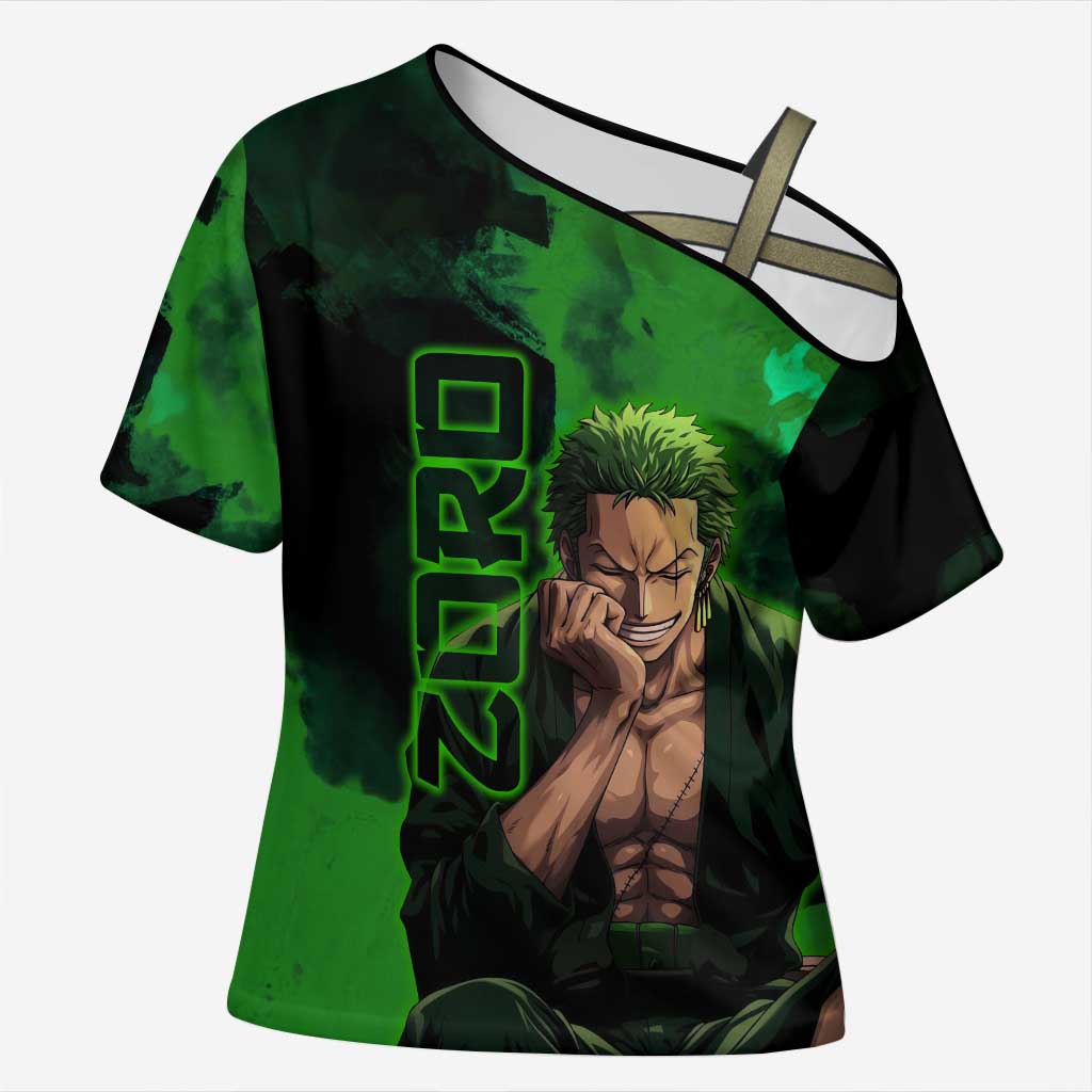 Zoro One Piece Green Theme Cross Shoulder Shirt with Swordsman Pose and Three Sword Style Design - The Mazicc