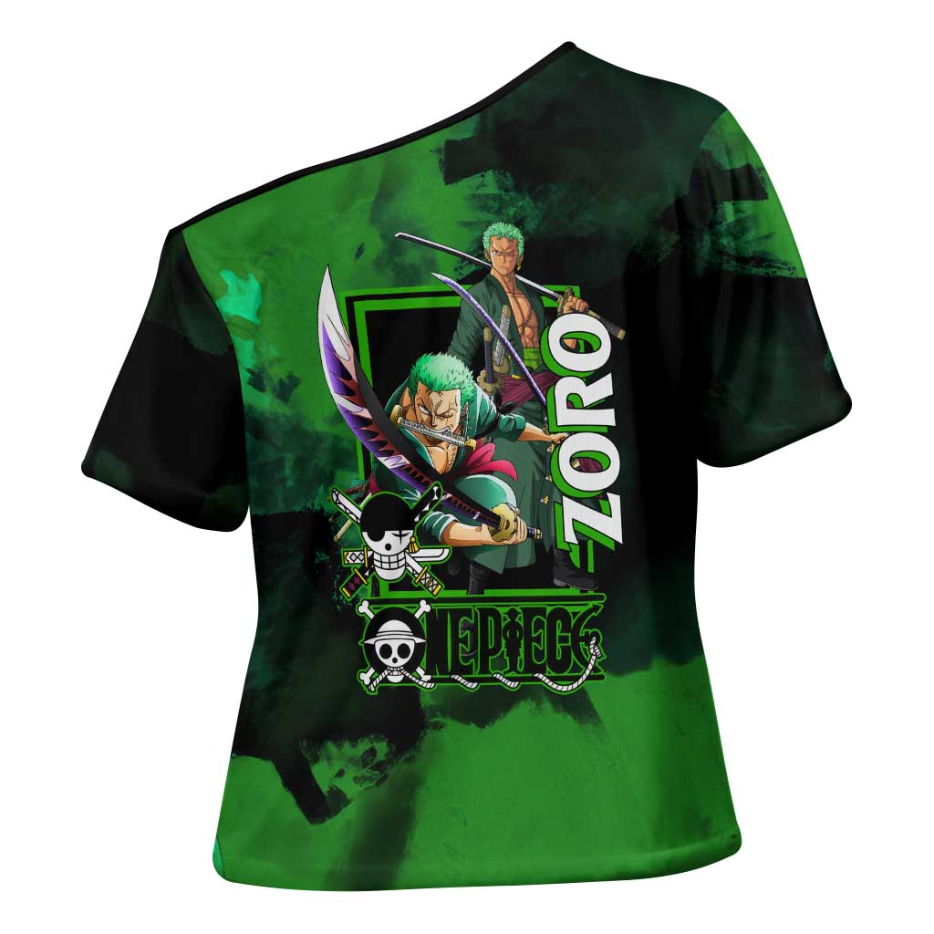 Zoro One Piece Green Theme Cross Shoulder Shirt with Swordsman Pose and Three Sword Style Design - The Mazicc