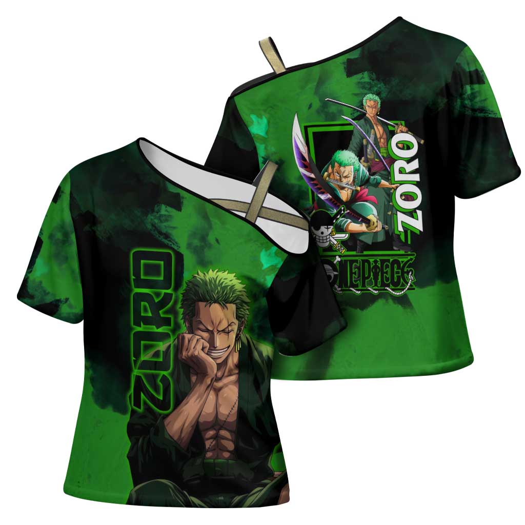 Zoro One Piece Green Theme Cross Shoulder Shirt with Swordsman Pose and Three Sword Style Design - The Mazicc