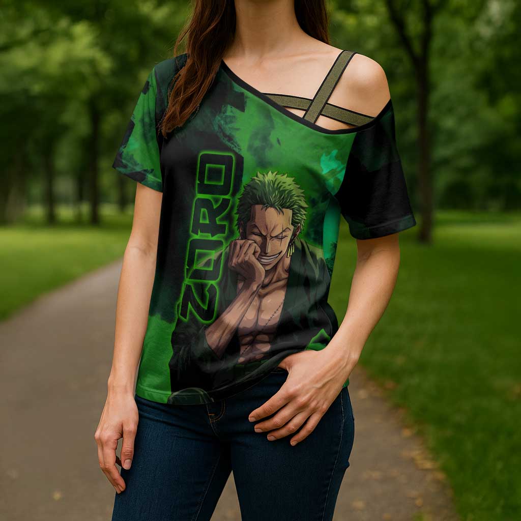 Zoro One Piece Green Theme Cross Shoulder Shirt with Swordsman Pose and Three Sword Style Design - The Mazicc