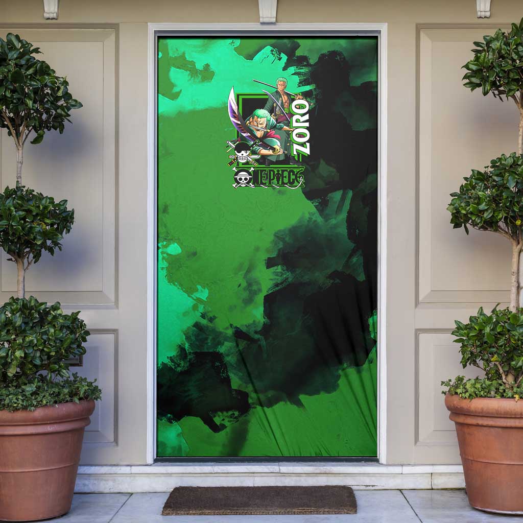 Zoro One Piece Green Theme Door Cover with Swordsman Pose and Three Sword Style Design - The Mazicc